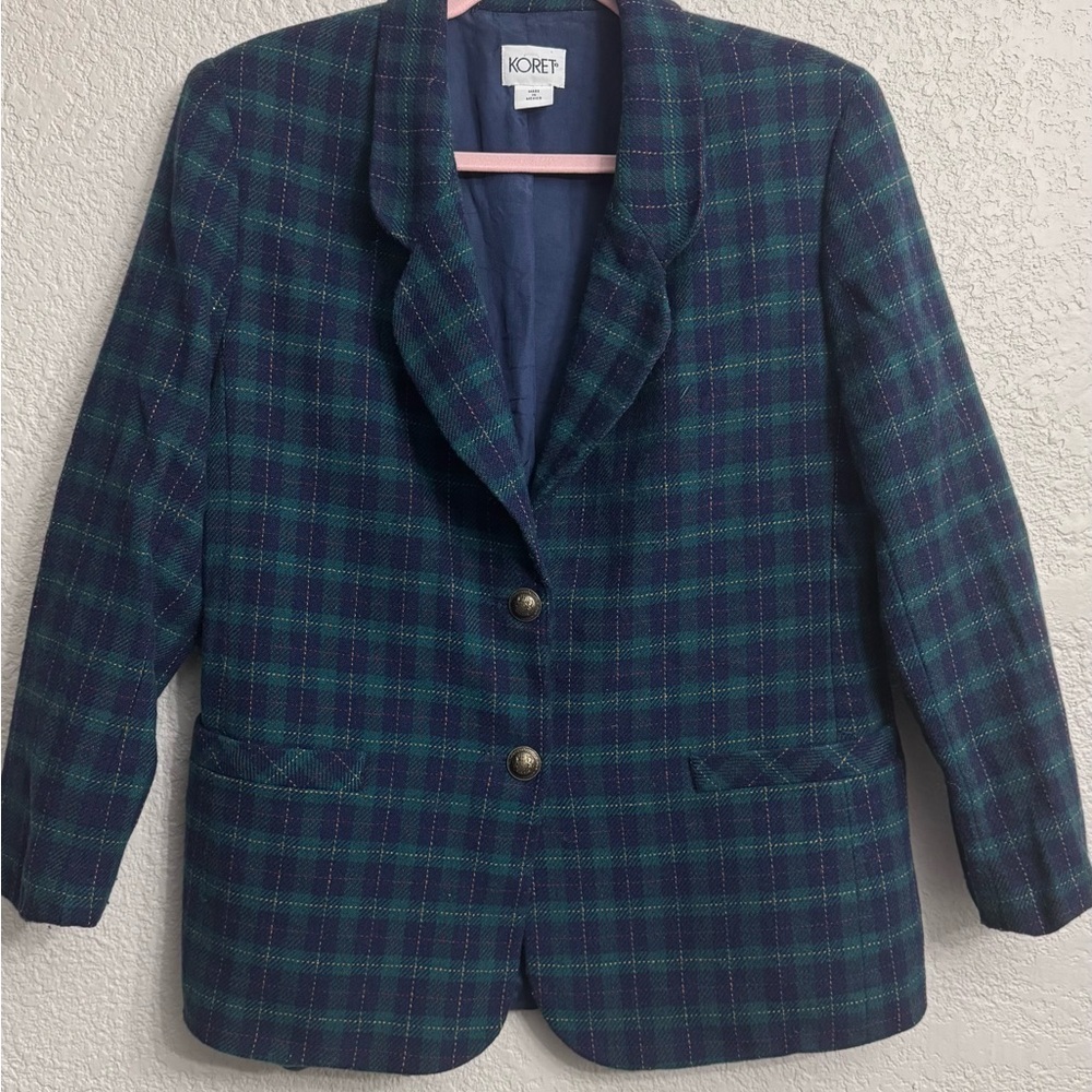 Vintage 90s Koret Green Plaid Wool Blazer Gold Buttons Women’s Medium M